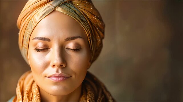 Serene woman with a headscarf, eyes closed, meditating in a peaceful . 
