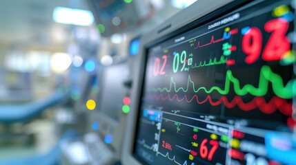 A close-up of a computer screen showing medical software that is used for equipment diagnostics in hospital engineering. Vital sign readouts with crisp details and a digital medical monitor display