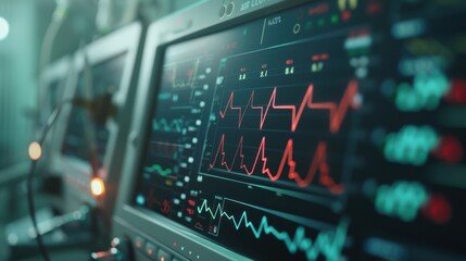 A close-up of a computer screen showing medical software that is used for equipment diagnostics in hospital engineering. Vital sign readouts with crisp details and a digital medical monitor display