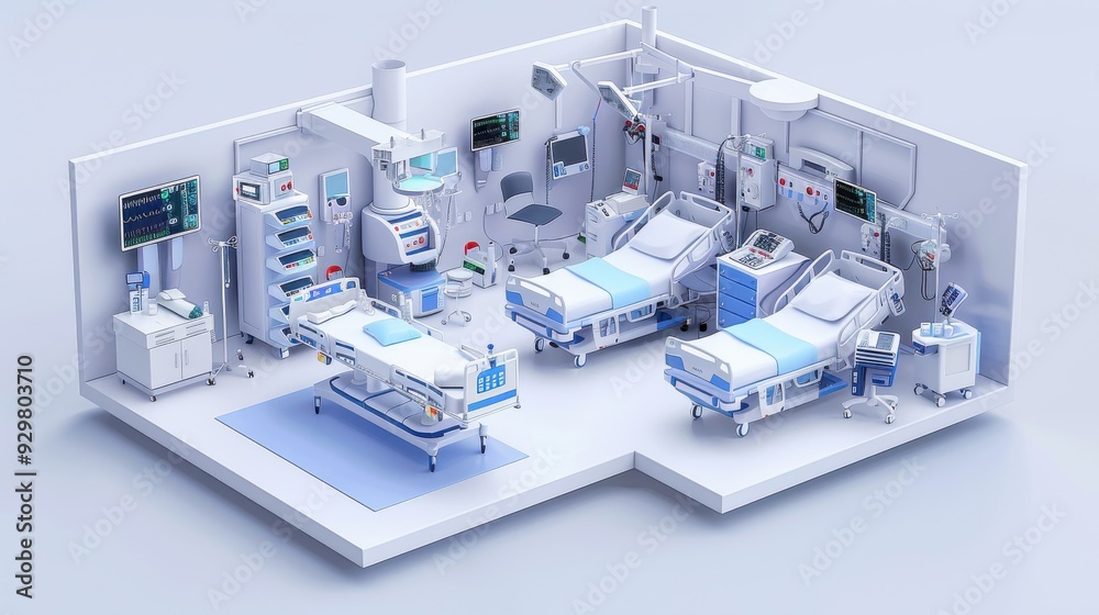 Wall mural a digital 3d render of an intensive care unit in a hospital, featuring critical care equipment such 