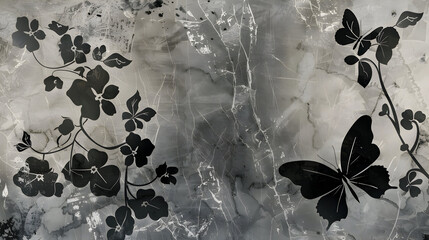 marble background with flower designs and butterfly silhouette, wall decoration in black tones