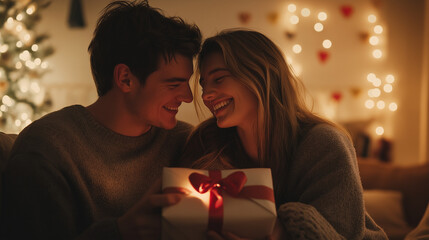 Valentines gift couple exchanging gifts smiling