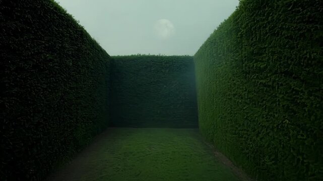Wandering through a foggy maze at night creates a spooky atmosphere with dark hedges and a mysterious feel, perfect for creative designs