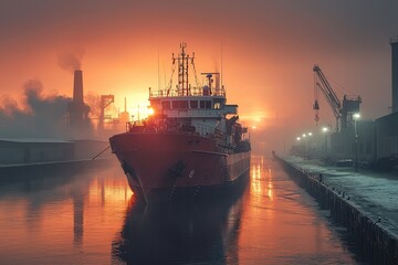 Obraz premium Cargo ship docked at port with industrial landscape and dramatic sunset sky
