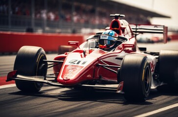 Red formula race car with helmeted driver speeding along track