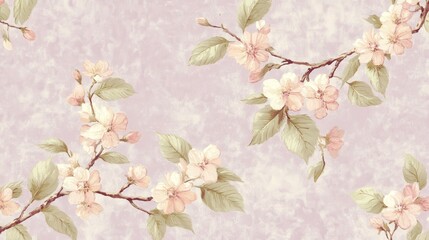 Fototapeta premium A delicate floral pattern featuring soft pink blossoms and green leaves on a light background.