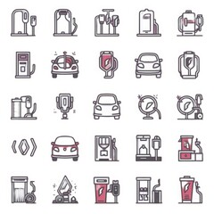 Charge web icons in 50 line styles. Charger, charging station, battery, electricity, wireless charging, electric car, collection. Vector illustration.