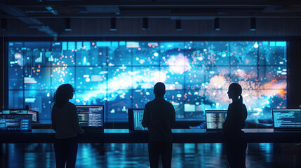 Silhouettes of professionals working on computers in front of a large digital screen with data visuals. Concepts of technology, data analysis, teamwork, and modern workspace.