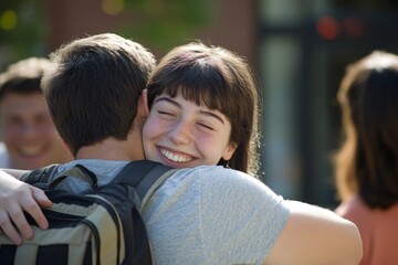 A college student hugging their parents goodbye as they prepare to start their first day at university.