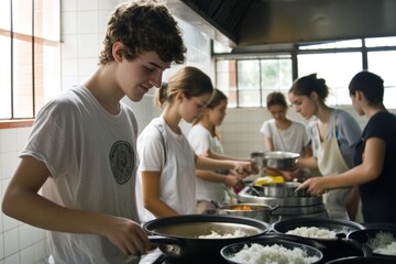 Students setting up a communal kitchen in their dormitory, preparing for the first meal together.