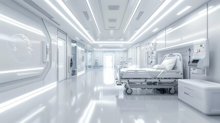 A hospital room filled with modern equipment, white background, focus on technological advancements in medicine