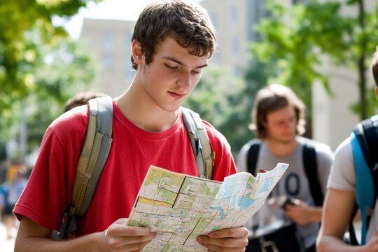 College students exploring their new campus, map in hand, discovering key locations.