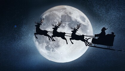 Silhouette of Santa Claus on the sleigh with reindeer flying in the moonlight