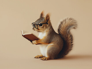 An intelligent-looking squirrel wearing glasses while reading a book, set against a plain background. The humorous and creative concept is ideal for educational or whimsical themes.