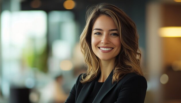 Radiant Successful Businesswoman: Confident Smile Illuminates Corporate Environment. Professional Portrait Embodies Leadership, Positive Energy, and Career Triumph. Perfect for Business Marketing, Emp