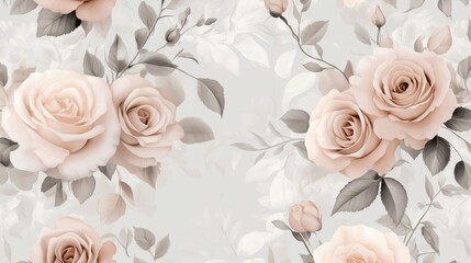 A delicate floral pattern featuring soft pink roses and leaves on a light background.