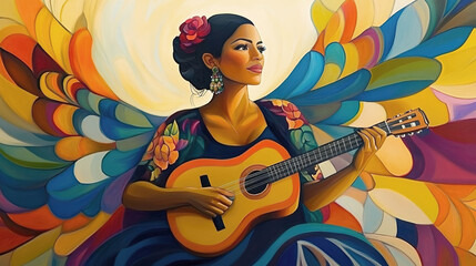 Portrait of mexican woman in vibrant dress surrounded by stylized wings, playing on guitar. Hispanic Heritage Month celebrate