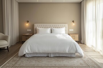 Luxurious white bed in a minimalist room, surrounded by neutral walls and simple furniture