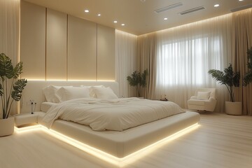 Luxurious white bed in a minimalist room, surrounded by neutral walls and simple furniture
