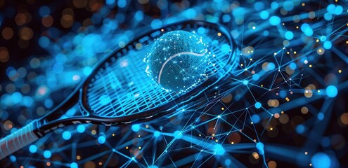 Tennis racket with glowing digital tennis ball surrounded by interconnected blue lines and nodes. Concepts of technology in sports, digital innovation, and modern athletic advancements.