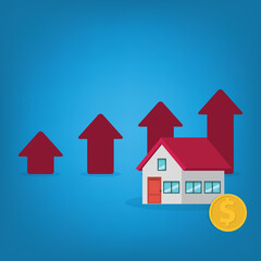 Arrows rise up above the house. The concept of growth in demand for real estate. Increase in the value of property, vector illustration	