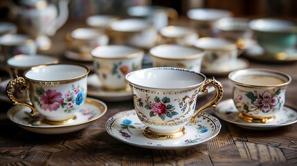 Close-up view of a set of vintage teacups with golden rim and floral patterns. The teacups are placed on a wooden table, creating a classic and elegant atmosphere.