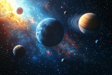 Space cosmic illustration with planets scene created with Generative AI