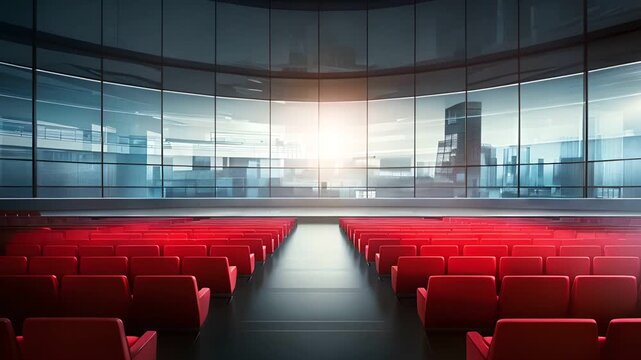 Modern empty auditorium with red seats and a large screen