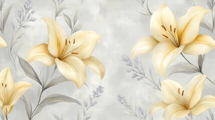 A delicate floral pattern featuring yellow lilies and lavender on a soft gray background.