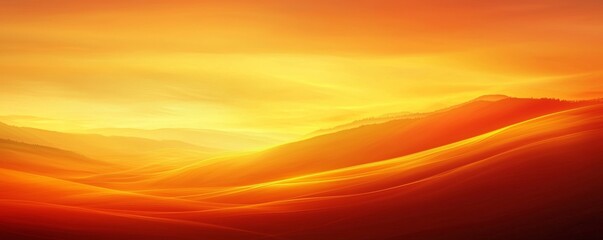 A serene sunset landscape featuring warm orange and yellow hues blending seamlessly across rolling hills.
