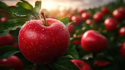 Obraz premium A dramatic sunset sky illuminates freshly harvested red apples, arranged in rows and glistening with dew in this close-up view.