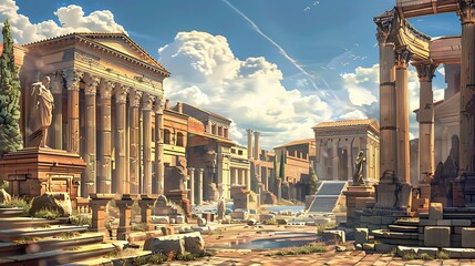 Ancient Roman city in ruins with crumbling temples columns and statues showcasing grand majestic architecture for reflection of bygone era power wealth and historic civilization legacy concept.