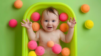 Obraz premium happy baby in bathtub surrounded by colorful balls on a green background in high-resolution photography capturing a joyful and playful moment perfect for commercial use