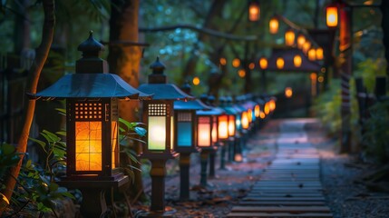 A path lined with colorful lanterns glows in the twilight of a lush, tropical forest.