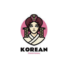 Vector Logo Illustration Traditional Korean Woman Mascot Cartoon Style.
