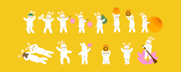 Cute moon rabbits celebrating Mid-Autumn Festival with fruits and lanterns