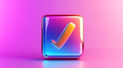 Shiny, holographic checkmark icon in a square on a pink background.