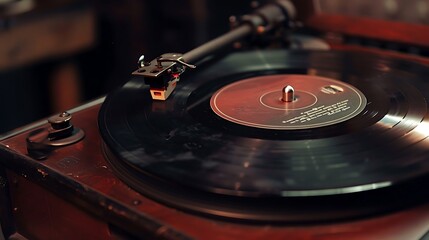 Close-up of a vintage turntable playing a vinyl record. The needle is gently gliding across the grooves, creating the soothing sounds of analog music.