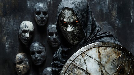 A cursed knight, cracked shield in hand, eerie Halloween masks in the background, detailed dark fantasy, isolated on white background