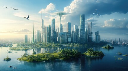 Fototapeta premium Futuristic Cityscape with Islands and Birds