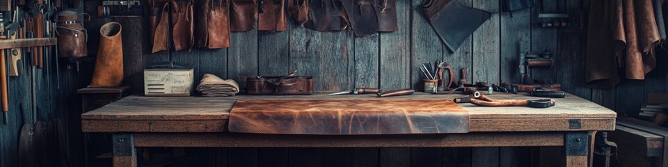 Artisan's Leather Workshop: Vibrant Tanned Hides and Rustic Tools on Weathered Workbench. Authentic Craftsmanship Scene for Marketing, UI Design, and High-Quality Wallpapers. Capturing the Essence of 