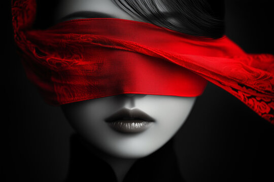 Mysterious Woman with Red Blindfold in Monochrome Portrait