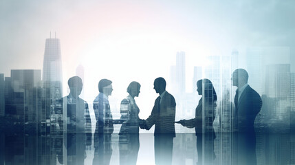 Fototapeta premium Double exposure of business people silhouettes and a cityscape background, a group of men and women in an office meeting concept for professional teamwork or a corporate company.