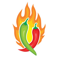 Chili pepper at burning fire spicy hot cooking ingredient vector flat illustration