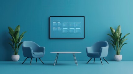 Modern living room design featuring blue chairs, a coffee table, and vibrant green plants against a striking blue wall.