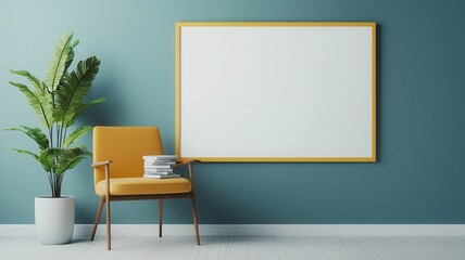 Modern interior scene featuring a yellow chair, blank frame, and indoor plant, perfect for home decor inspiration.
