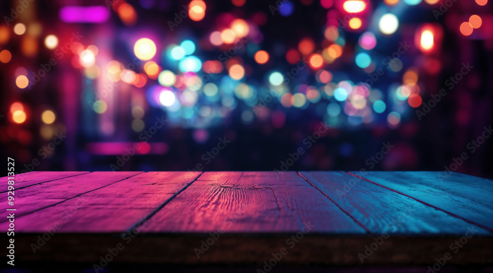 Poster empty wooden surface illuminated by bokeh lights, for product display and mockup