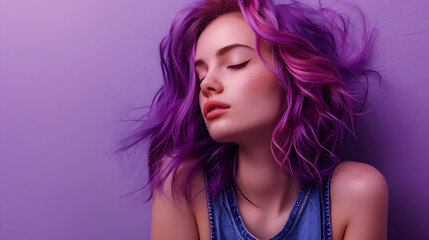 Naklejka premium Model girl young beautiful stylish with hair dyed purple on violet background