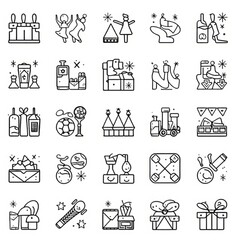 Naklejka premium Set of 100 party and event icons in line style. Birthday, dancing, happy new year, week, Christmas, entertainment, invitation,wedding, event, holiday, carnival, collection, vector illustration. Detail