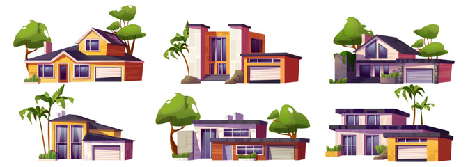 Modern luxury suburban mansion with garage and trees. Cartoon vector illustration set of residential village house exterior for suburb city street landscape design. Countryside villa building facade.